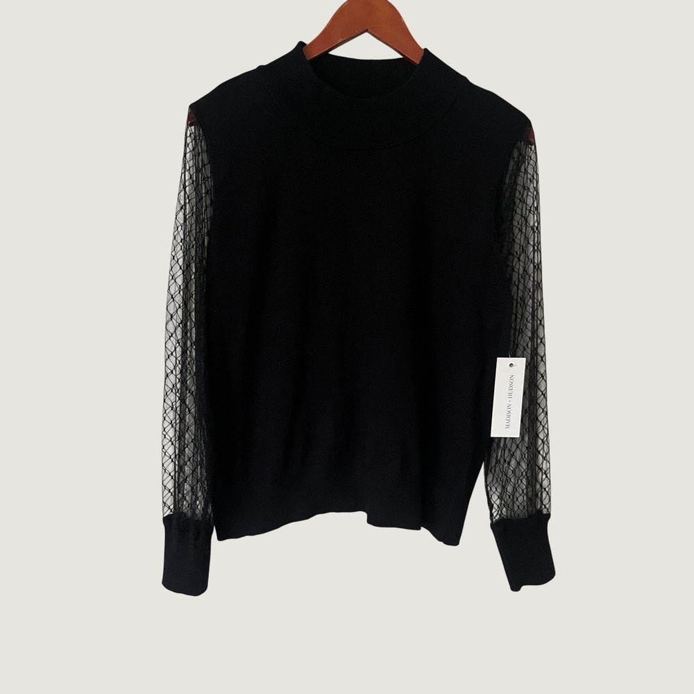 Madison + Hudson Black Mock Neck Sweater Sheer Mesh Lace Sleeve Womens XL NWT